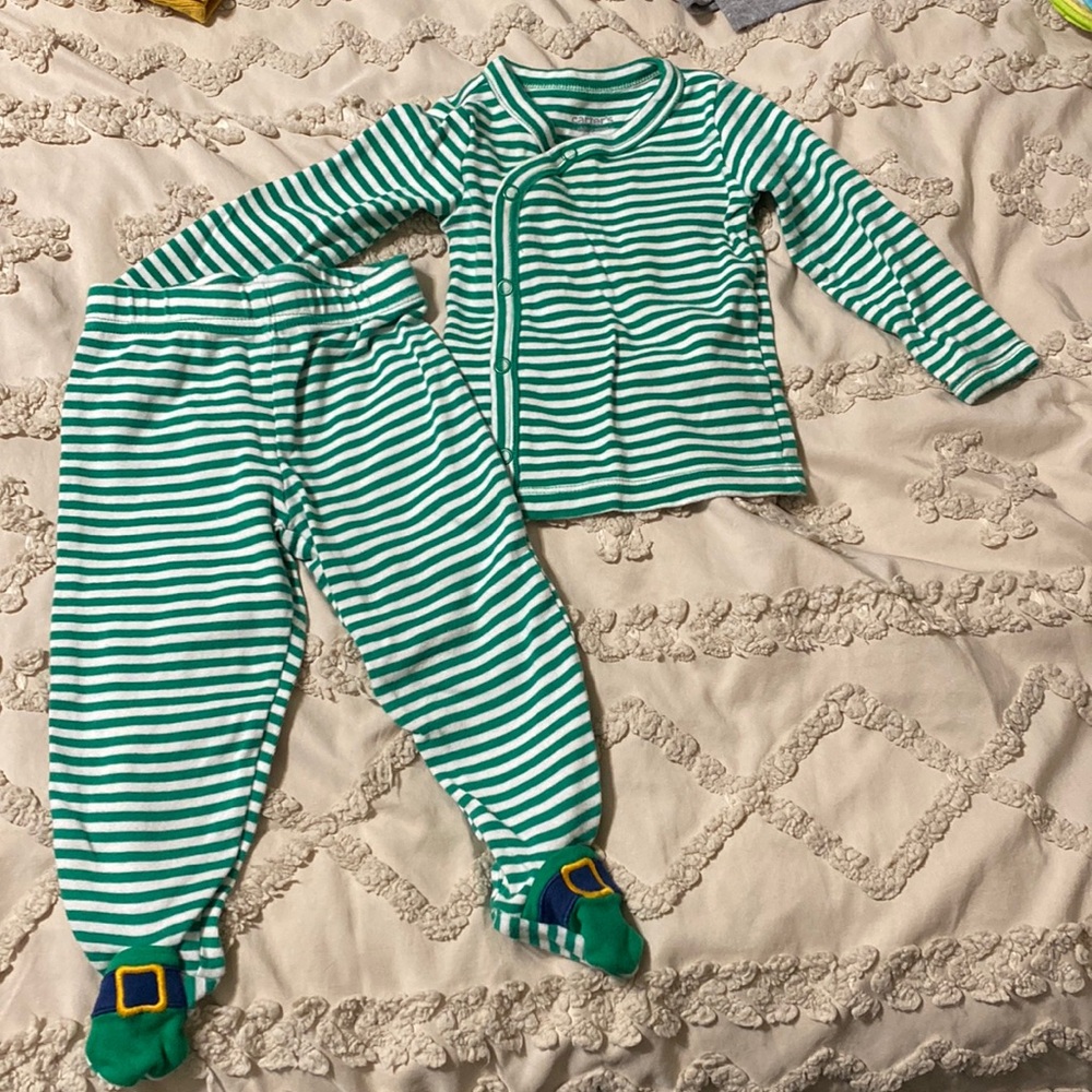 Carters St.Patrick green and white striped outfit